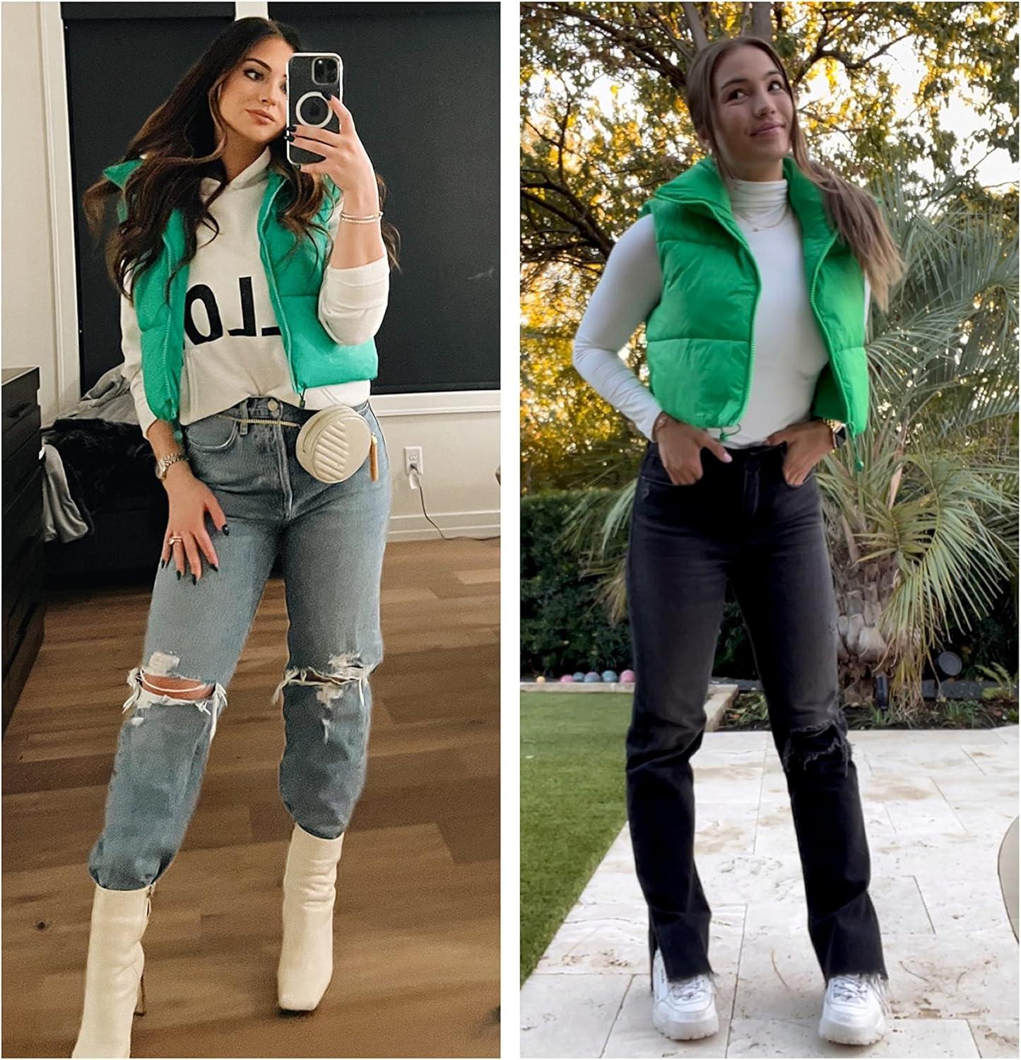 imageUANEO Cropped Puffer Vest Women Zip Up Stand Collar Sleeveless Padded Crop Puffy VestsGreen