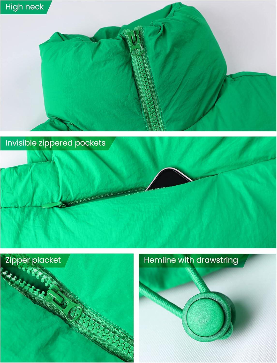 imageUANEO Cropped Puffer Vest Women Zip Up Stand Collar Sleeveless Padded Crop Puffy VestsGreen