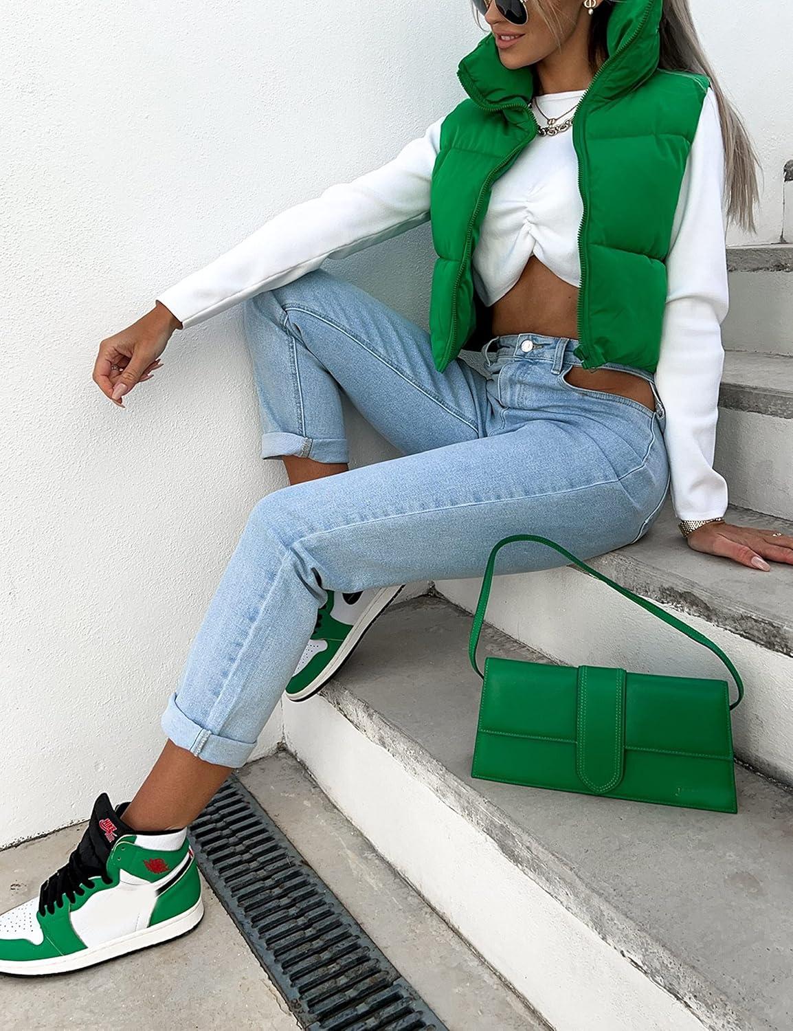imageUANEO Cropped Puffer Vest Women Zip Up Stand Collar Sleeveless Padded Crop Puffy VestsGreen