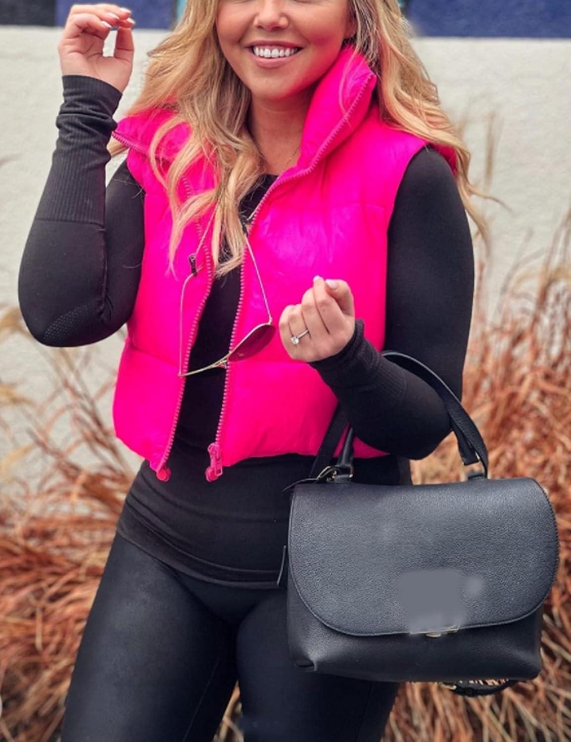 imageUANEO Cropped Puffer Vest Women Zip Up Stand Collar Sleeveless Padded Crop Puffy VestsHot Pink