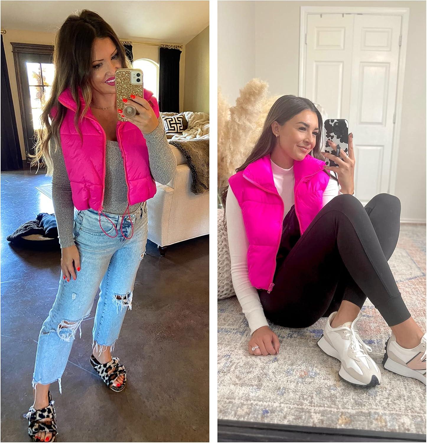 imageUANEO Cropped Puffer Vest Women Zip Up Stand Collar Sleeveless Padded Crop Puffy VestsHot Pink
