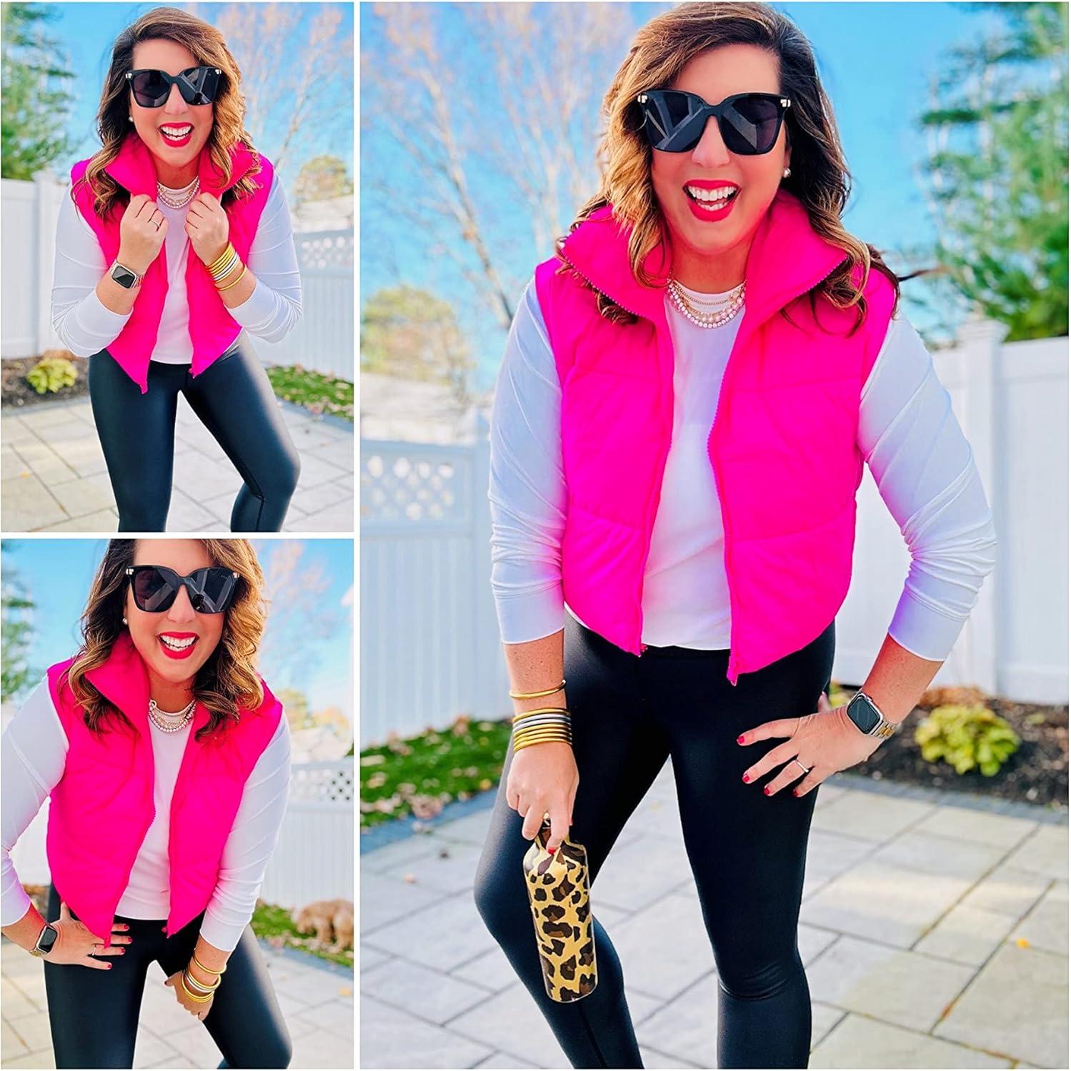 imageUANEO Cropped Puffer Vest Women Zip Up Stand Collar Sleeveless Padded Crop Puffy VestsHot Pink