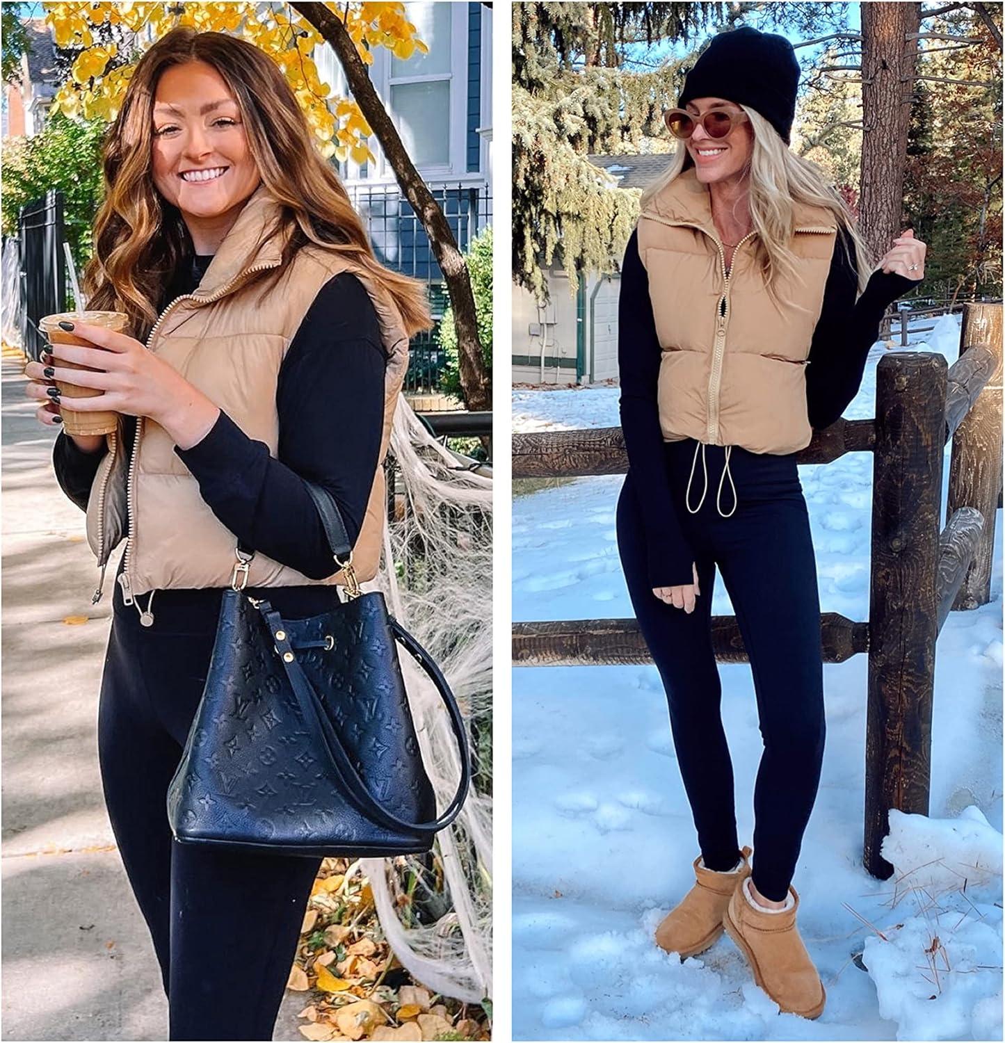 imageUANEO Cropped Puffer Vest Women Zip Up Stand Collar Sleeveless Padded Crop Puffy VestsKhaki