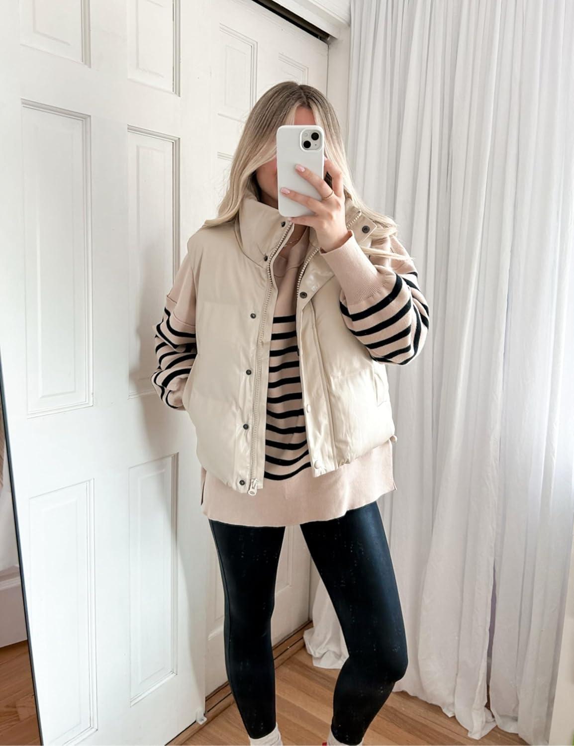 imageUANEO Womens PU Leather Cropped Puffer Vest Winter Faux Leather Zip Up Sleeveless JacketBeige