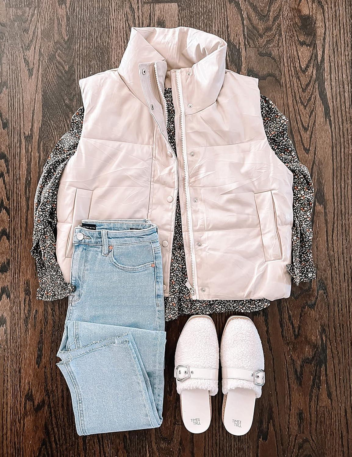 imageUANEO Womens PU Leather Cropped Puffer Vest Winter Faux Leather Zip Up Sleeveless JacketBeige