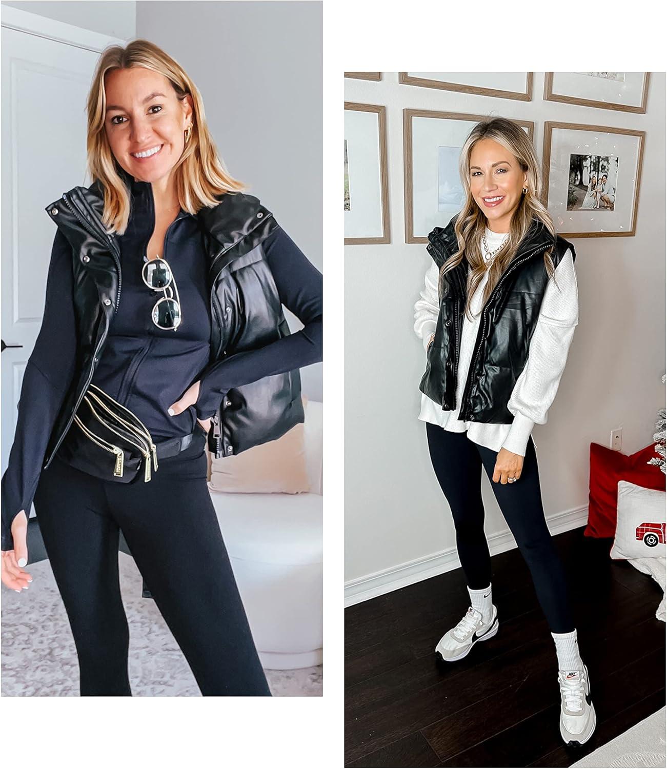 imageUANEO Womens PU Leather Cropped Puffer Vest Winter Faux Leather Zip Up Sleeveless JacketBlack