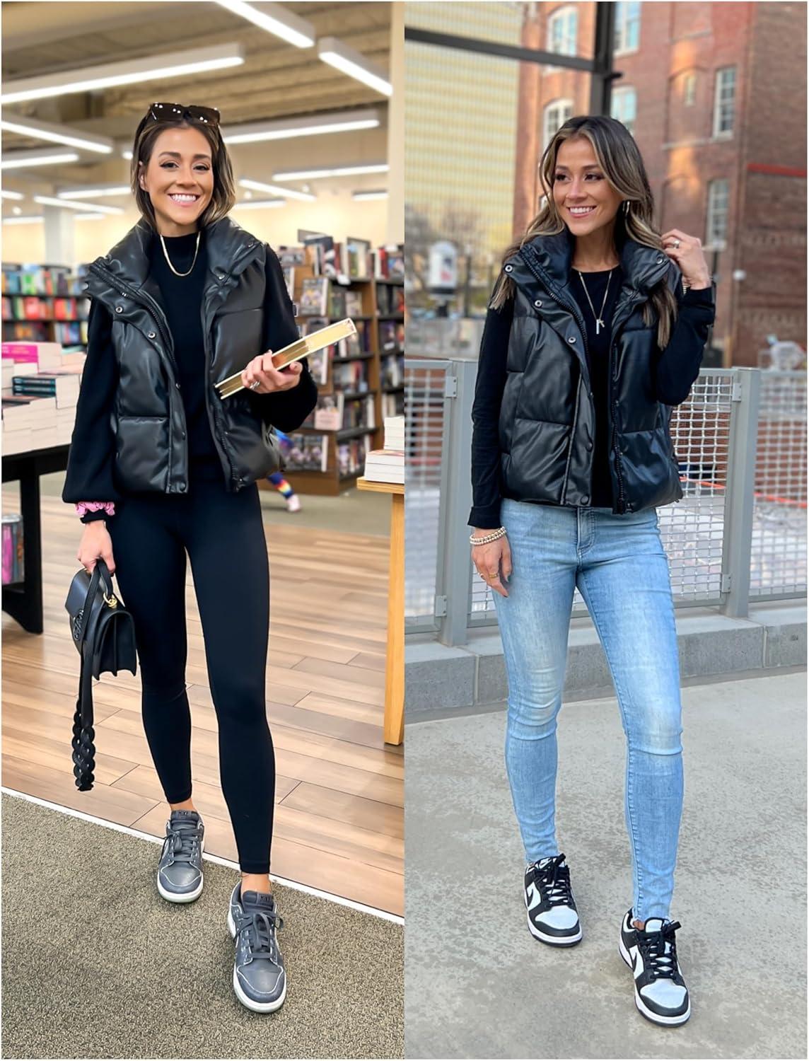 imageUANEO Womens PU Leather Cropped Puffer Vest Winter Faux Leather Zip Up Sleeveless JacketBlack