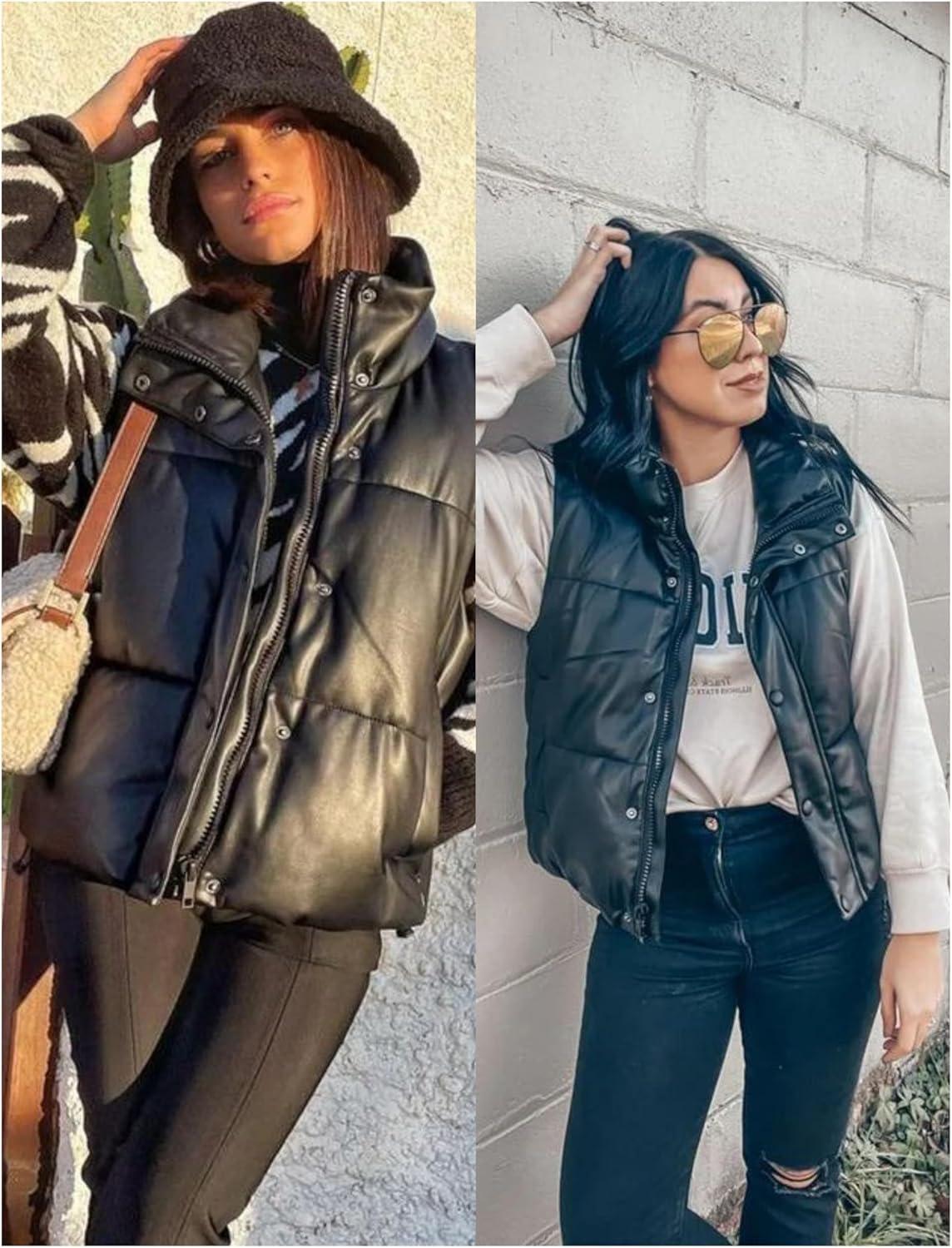 imageUANEO Womens PU Leather Cropped Puffer Vest Winter Faux Leather Zip Up Sleeveless JacketBlack