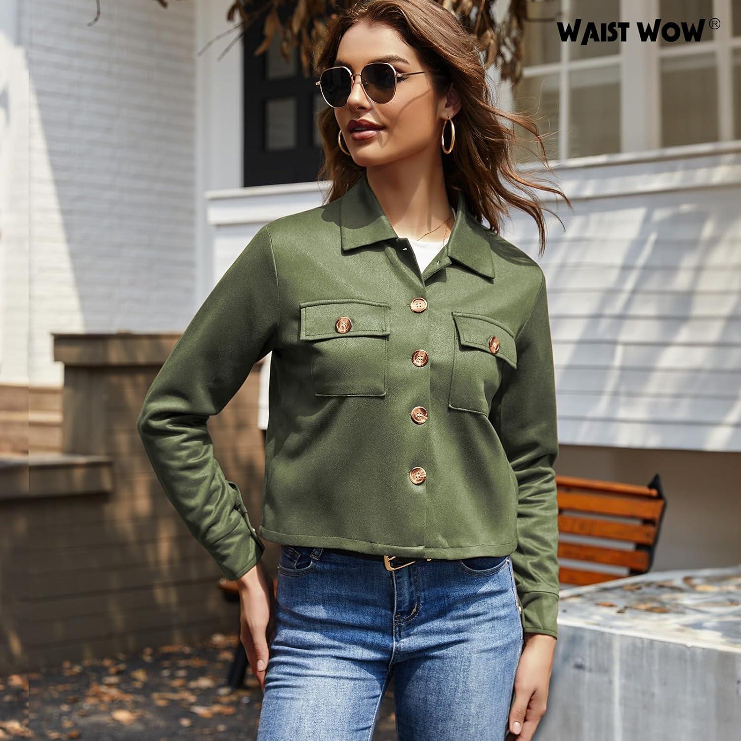 imageWaist Wow Womens Faux Suede Cropped Jacket Casual Button Down Fall Shacket Jackets Long Sleeve Outerwear CoatsArmy Green