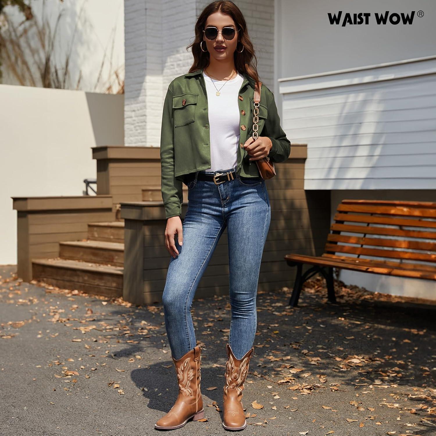 imageWaist Wow Womens Faux Suede Cropped Jacket Casual Button Down Fall Shacket Jackets Long Sleeve Outerwear CoatsArmy Green
