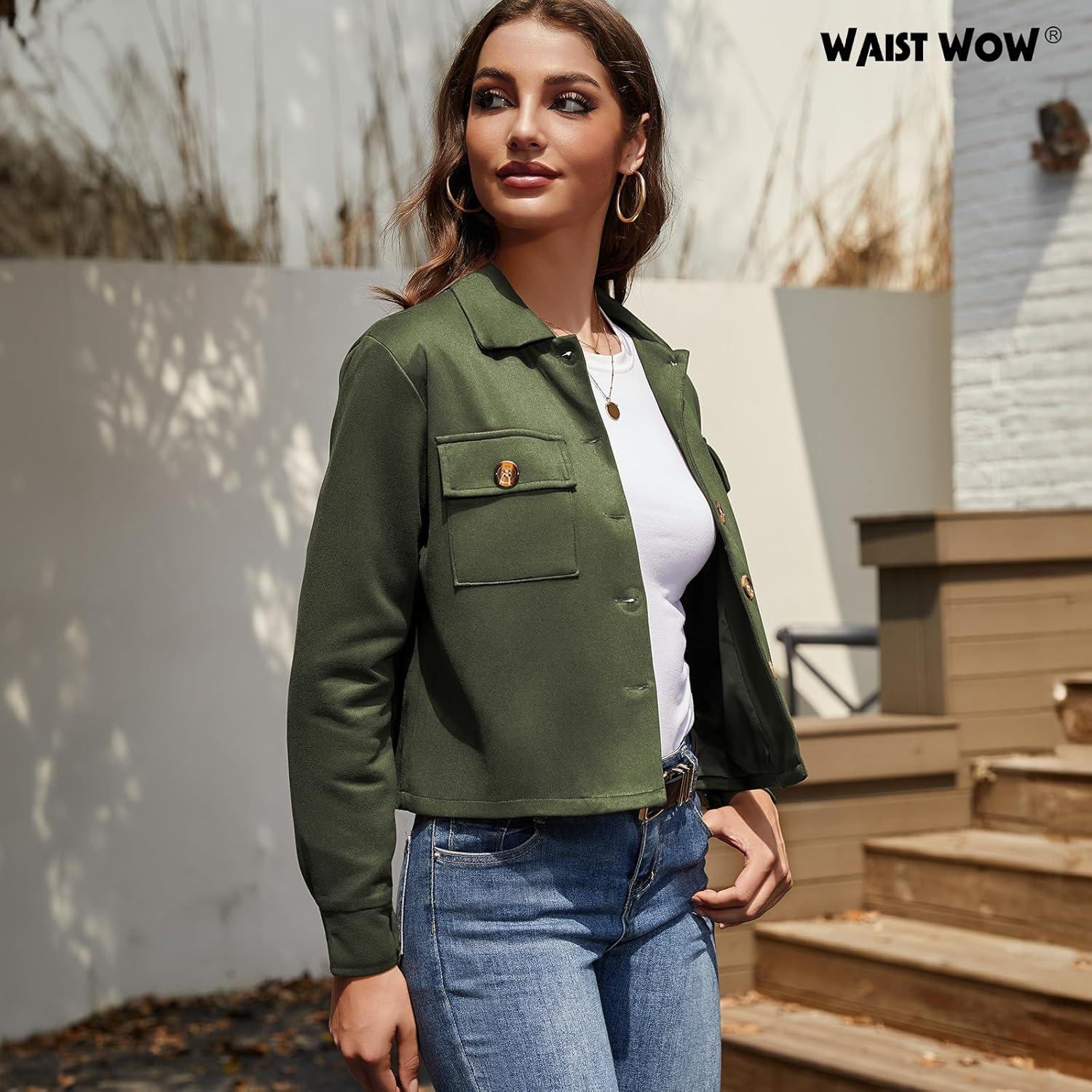 imageWaist Wow Womens Faux Suede Cropped Jacket Casual Button Down Fall Shacket Jackets Long Sleeve Outerwear CoatsArmy Green