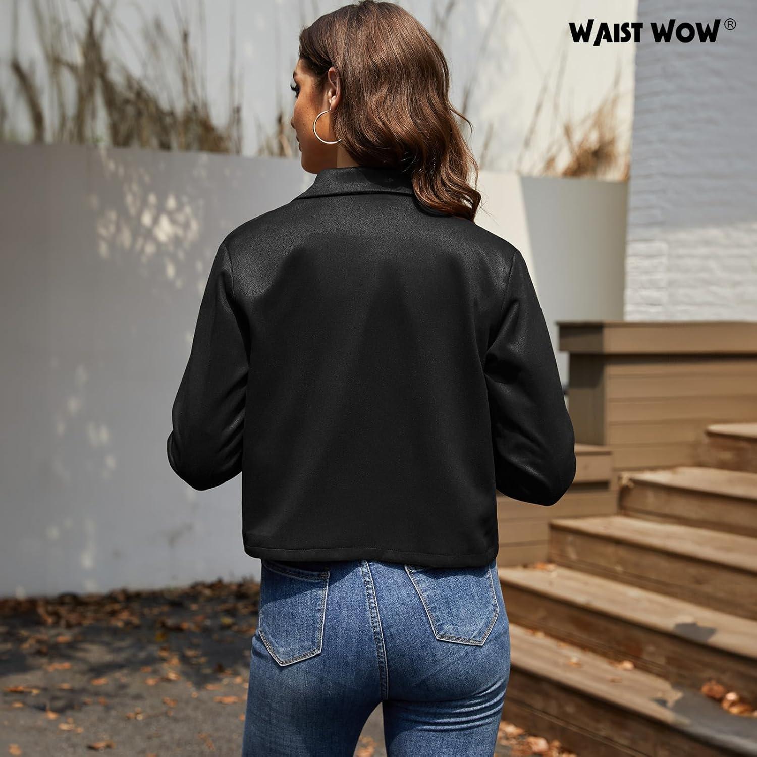 imageWaist Wow Womens Faux Suede Cropped Jacket Casual Button Down Fall Shacket Jackets Long Sleeve Outerwear CoatsBlack