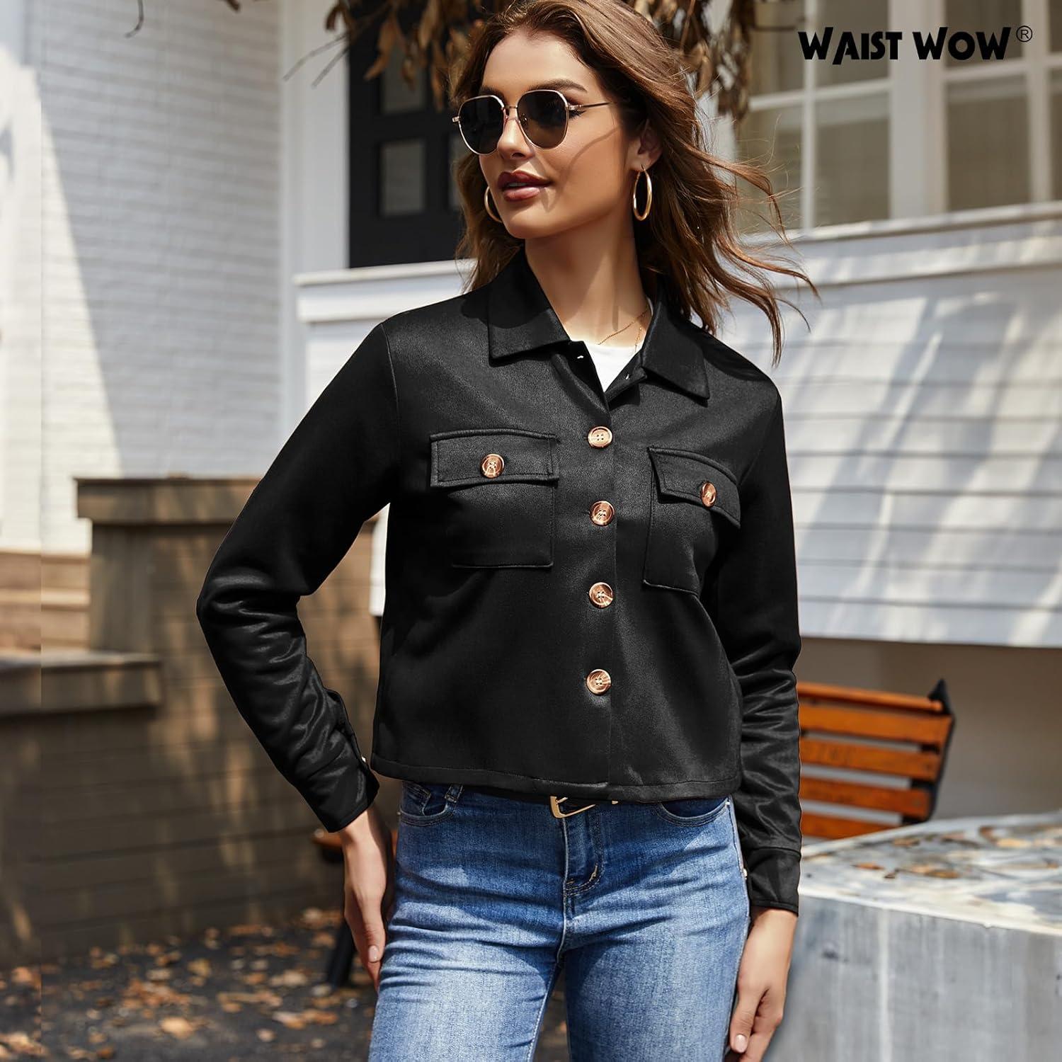 imageWaist Wow Womens Faux Suede Cropped Jacket Casual Button Down Fall Shacket Jackets Long Sleeve Outerwear CoatsBlack