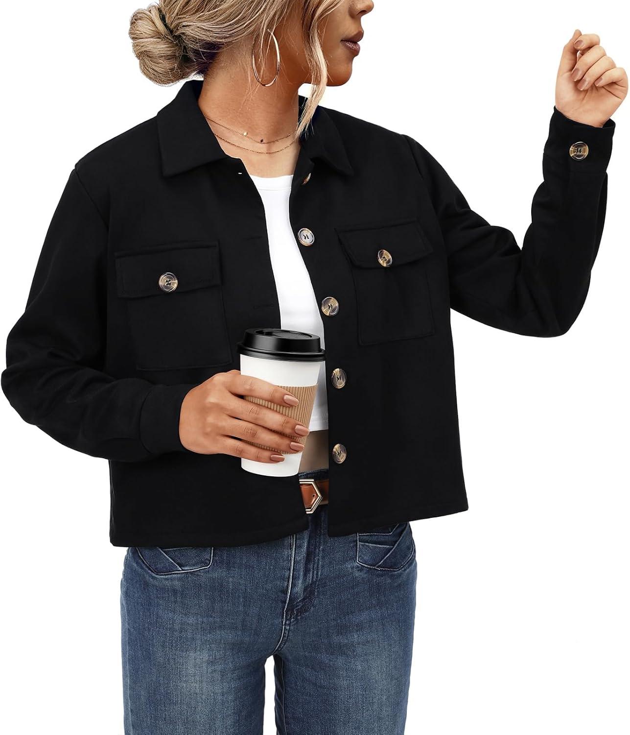 imageWaist Wow Womens Faux Suede Cropped Jacket Casual Button Down Fall Shacket Jackets Long Sleeve Outerwear CoatsBlack