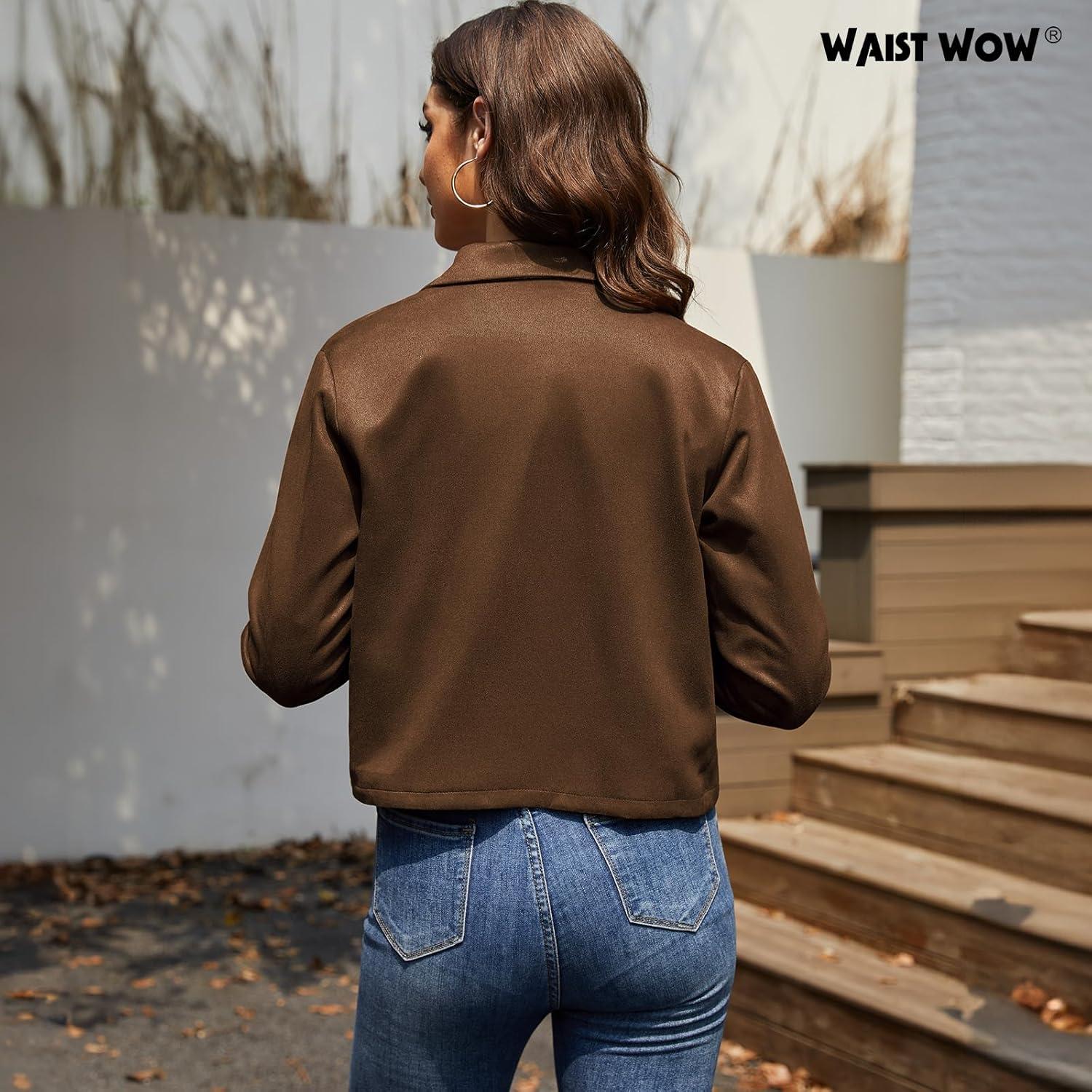 imageWaist Wow Womens Faux Suede Cropped Jacket Casual Button Down Fall Shacket Jackets Long Sleeve Outerwear CoatsDark Coffee