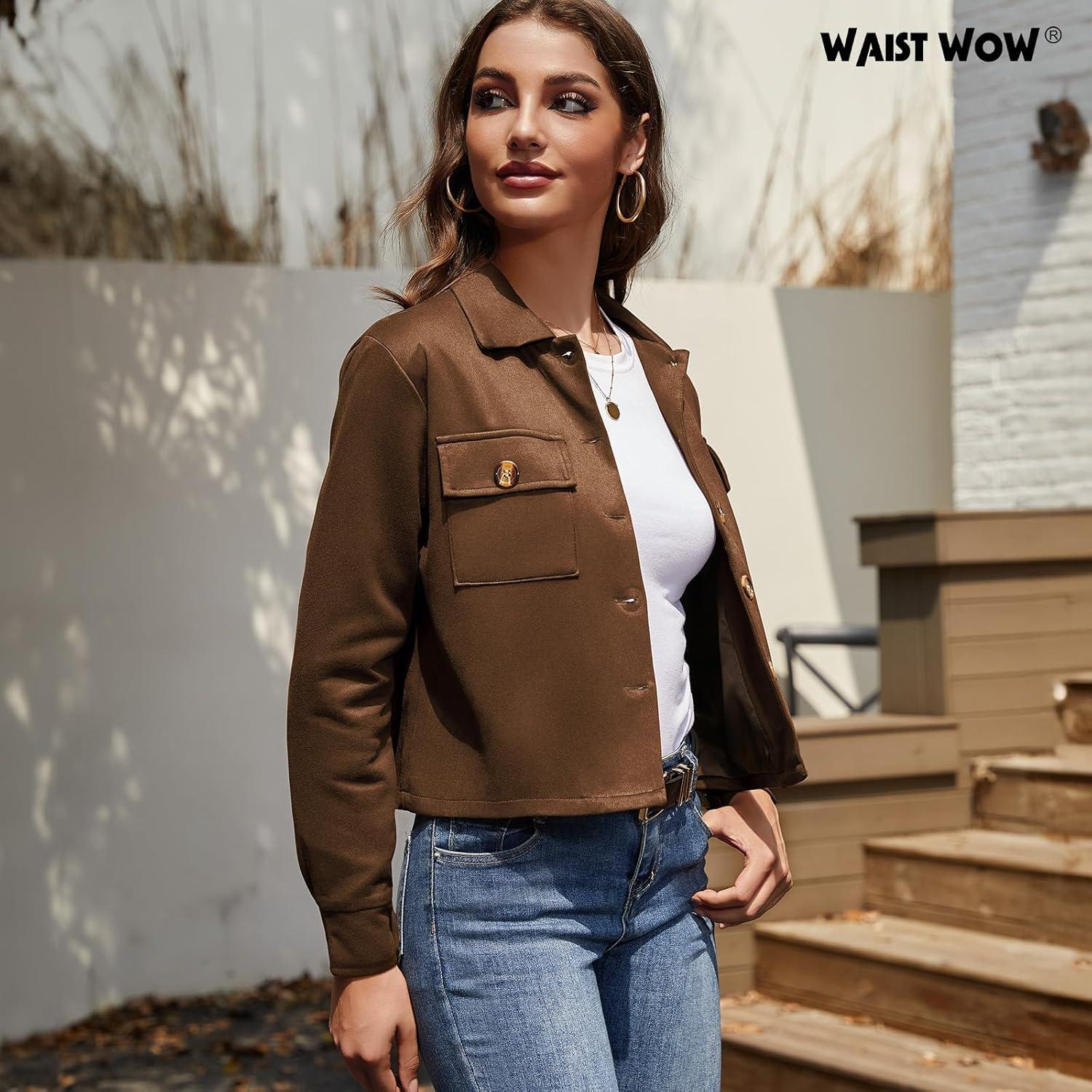 imageWaist Wow Womens Faux Suede Cropped Jacket Casual Button Down Fall Shacket Jackets Long Sleeve Outerwear CoatsDark Coffee