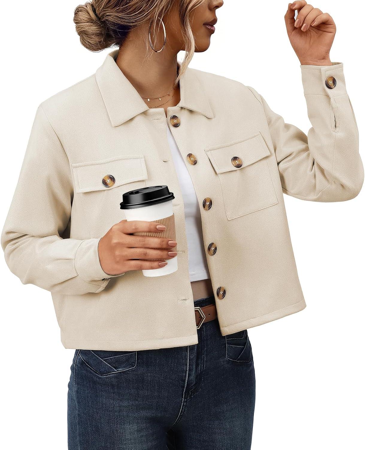imageWaist Wow Womens Faux Suede Cropped Jacket Casual Button Down Fall Shacket Jackets Long Sleeve Outerwear CoatsLight Beige