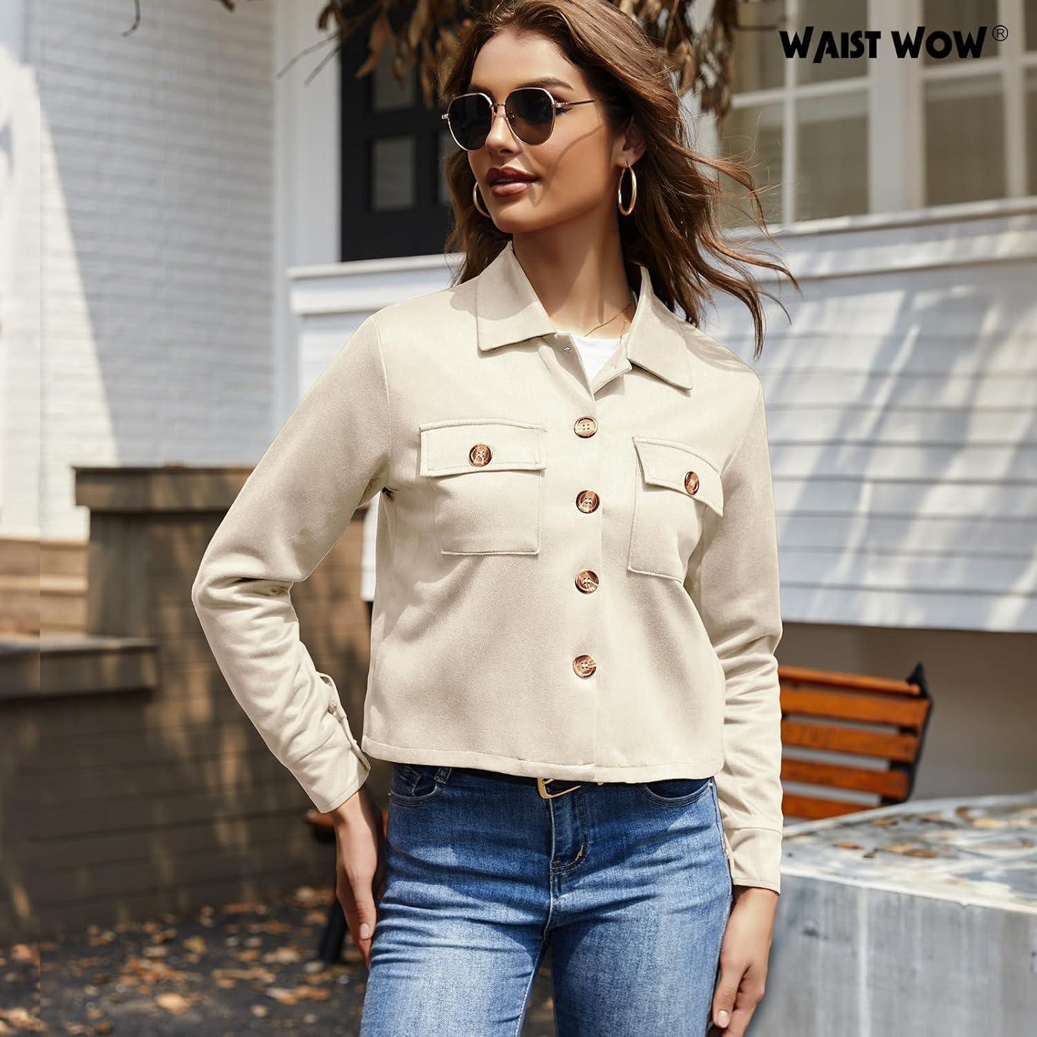 imageWaist Wow Womens Faux Suede Cropped Jacket Casual Button Down Fall Shacket Jackets Long Sleeve Outerwear CoatsLight Beige