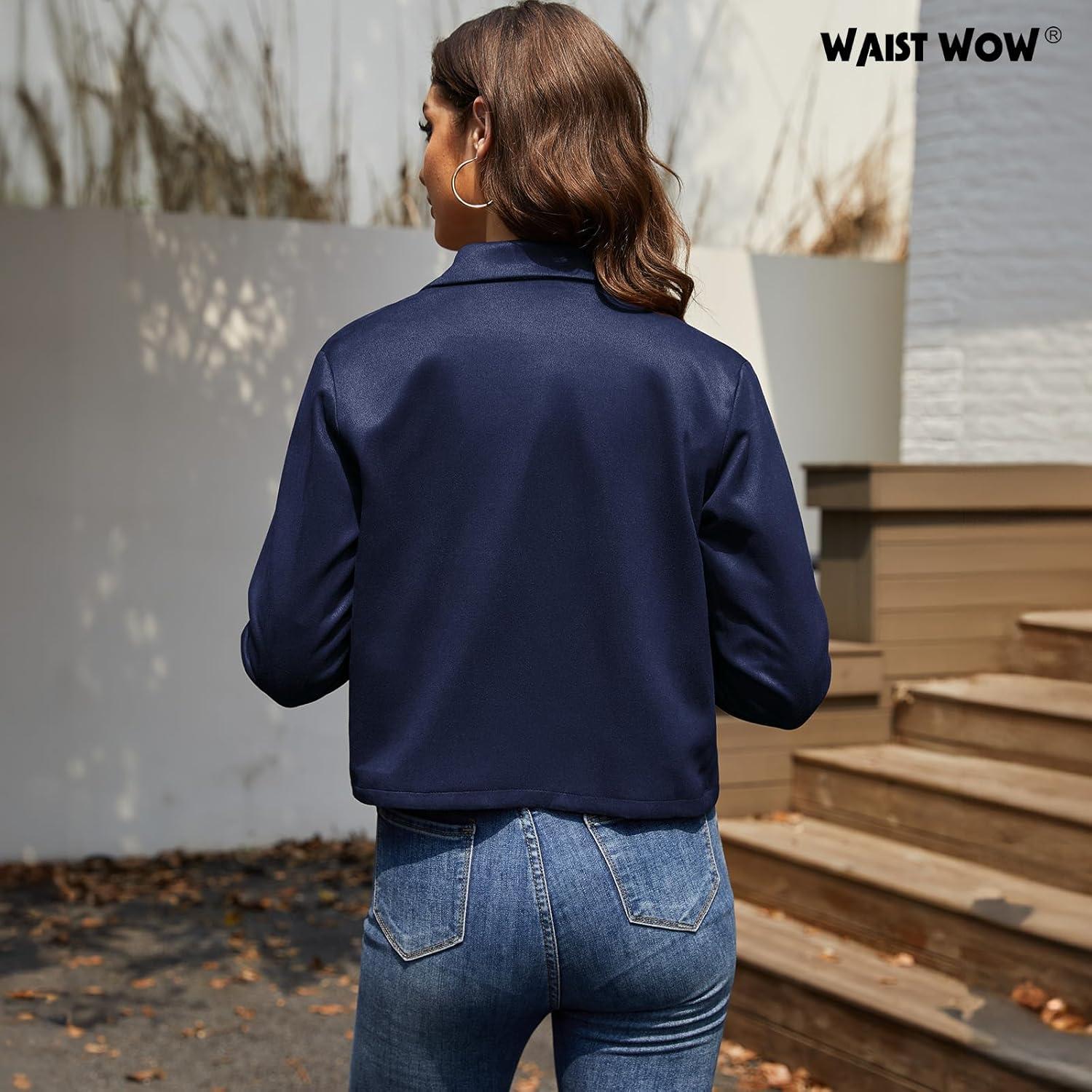 imageWaist Wow Womens Faux Suede Cropped Jacket Casual Button Down Fall Shacket Jackets Long Sleeve Outerwear CoatsNavy