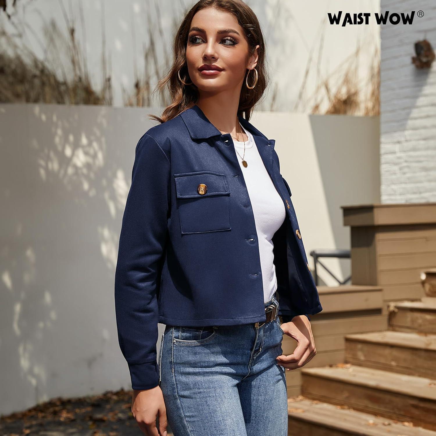 imageWaist Wow Womens Faux Suede Cropped Jacket Casual Button Down Fall Shacket Jackets Long Sleeve Outerwear CoatsNavy