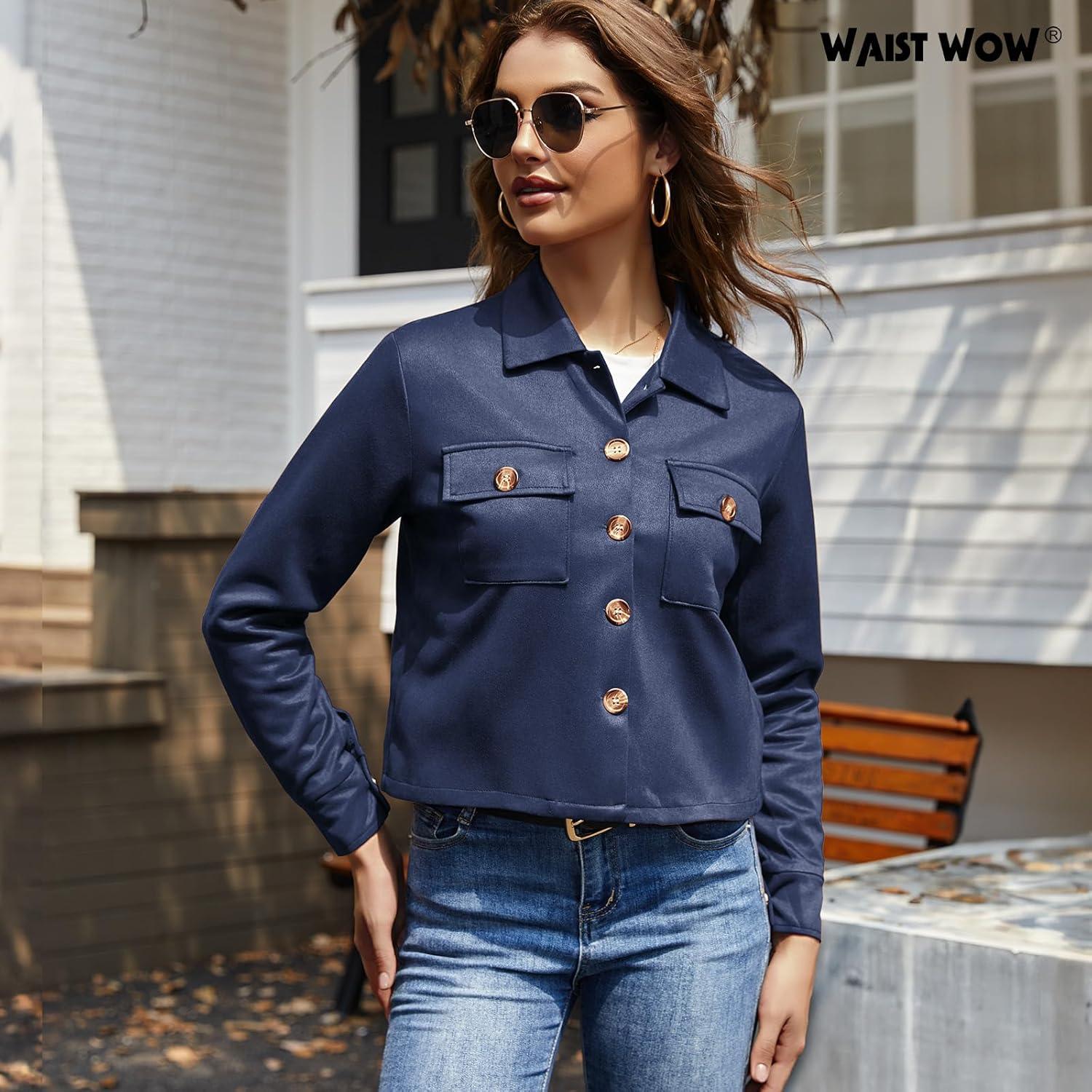 imageWaist Wow Womens Faux Suede Cropped Jacket Casual Button Down Fall Shacket Jackets Long Sleeve Outerwear CoatsNavy