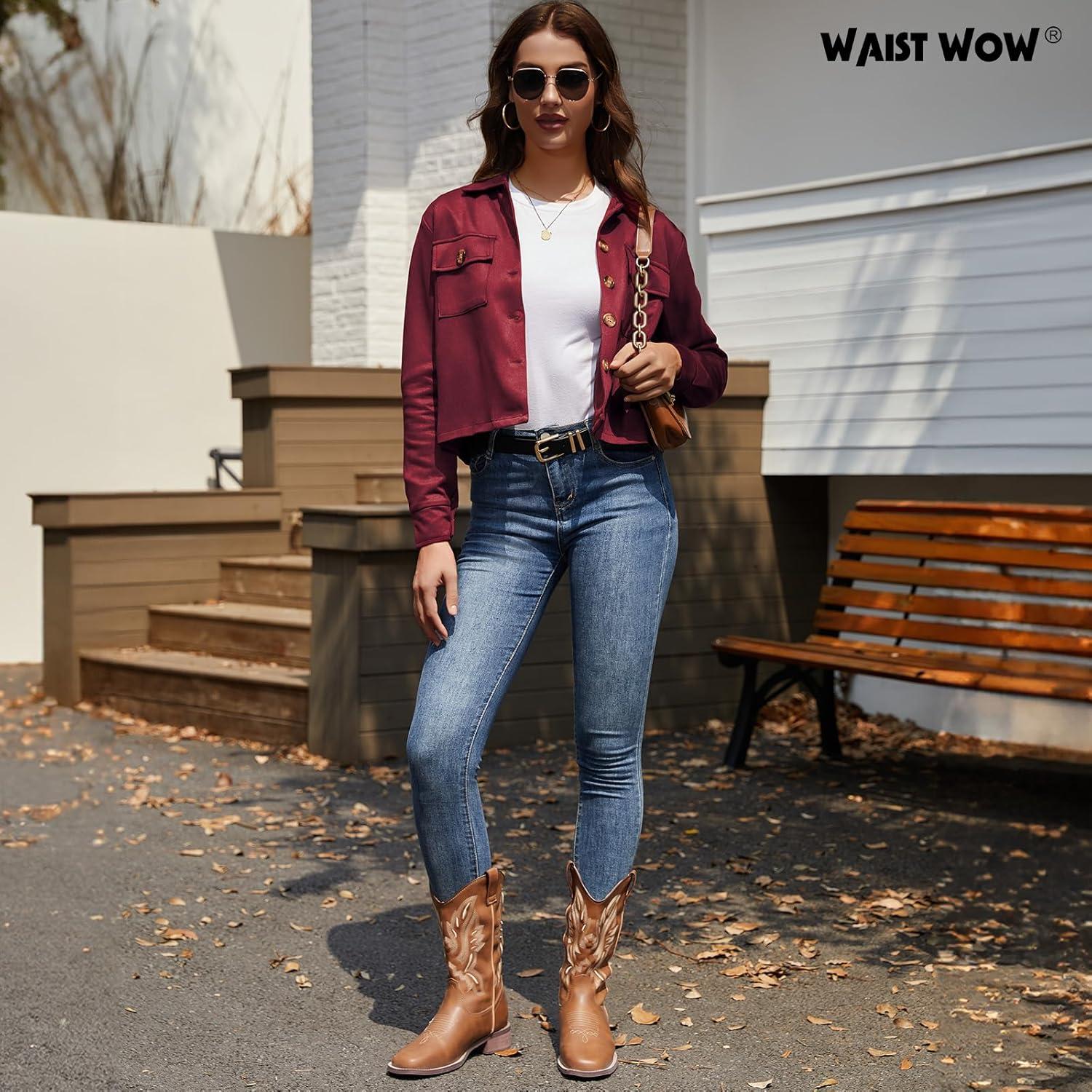 imageWaist Wow Womens Faux Suede Cropped Jacket Casual Button Down Fall Shacket Jackets Long Sleeve Outerwear CoatsWine Red