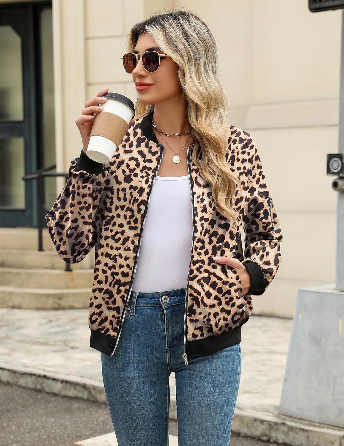 imageZeagoo Womens Bomber Jacket Casual Coat Zip Up Spring Fall Clothes with Pockets SXXLAleopard