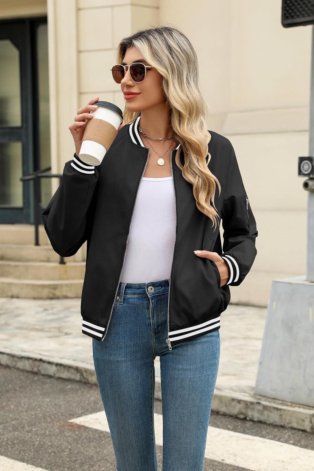 imageZeagoo Womens Bomber Jacket Casual Coat Zip Up Spring Fall Clothes with Pockets SXXLBlack Stripes