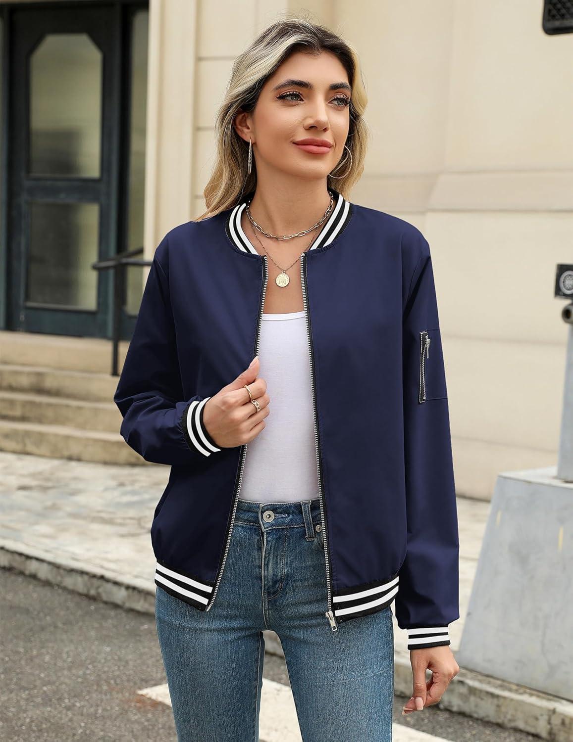 imageZeagoo Womens Bomber Jacket Casual Coat Zip Up Spring Fall Clothes with Pockets SXXLNavy Stripes