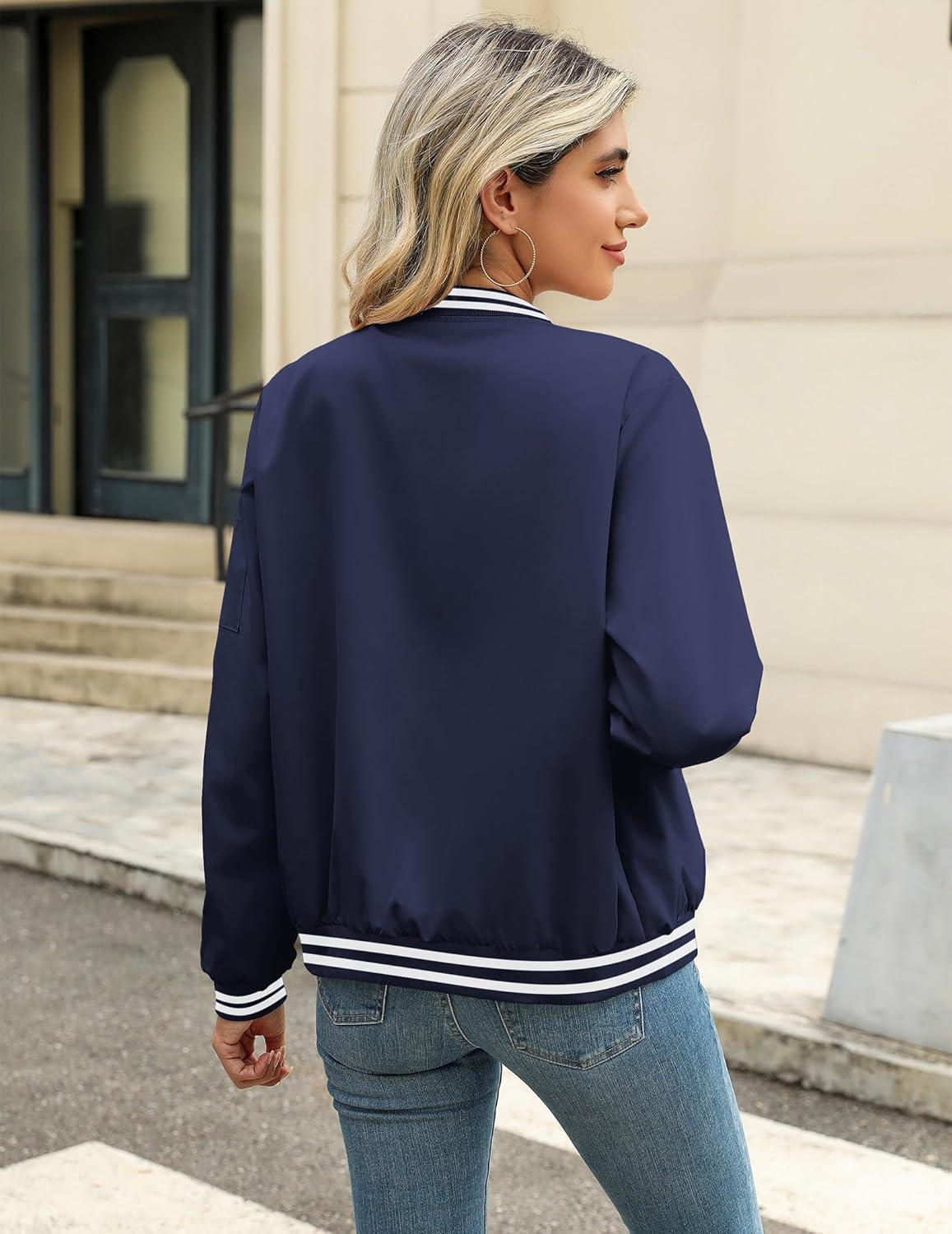 imageZeagoo Womens Bomber Jacket Casual Coat Zip Up Spring Fall Clothes with Pockets SXXLNavy Stripes