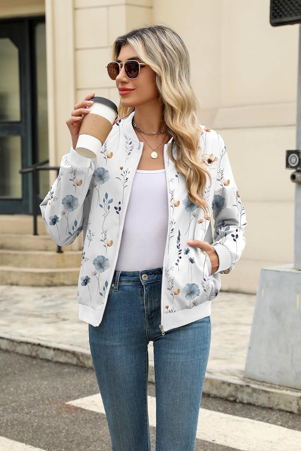 imageZeagoo Womens Bomber Jacket Casual Coat Zip Up Spring Fall Clothes with Pockets SXXLWhite Print