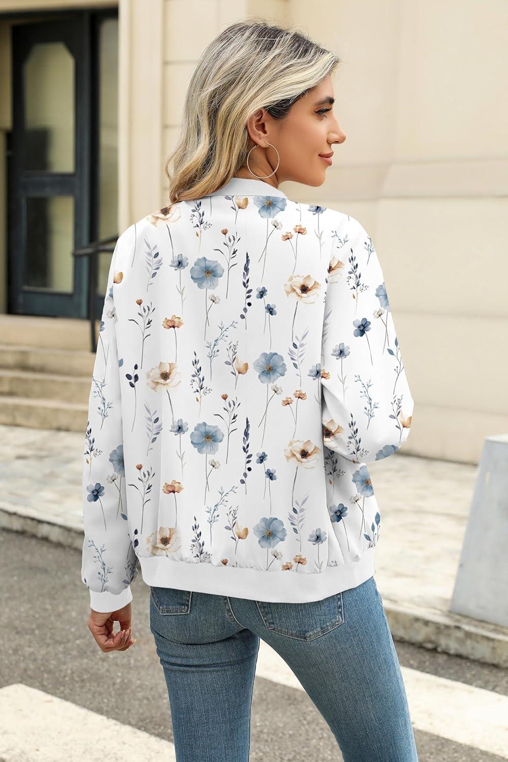 imageZeagoo Womens Bomber Jacket Casual Coat Zip Up Spring Fall Clothes with Pockets SXXLWhite Print