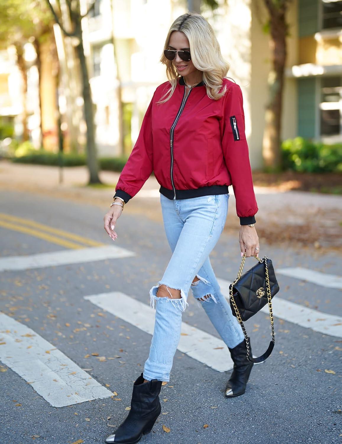 imageZeagoo Womens Bomber Jacket Casual Coat Zip Up Spring Fall Clothes with Pockets SXXLWine Red