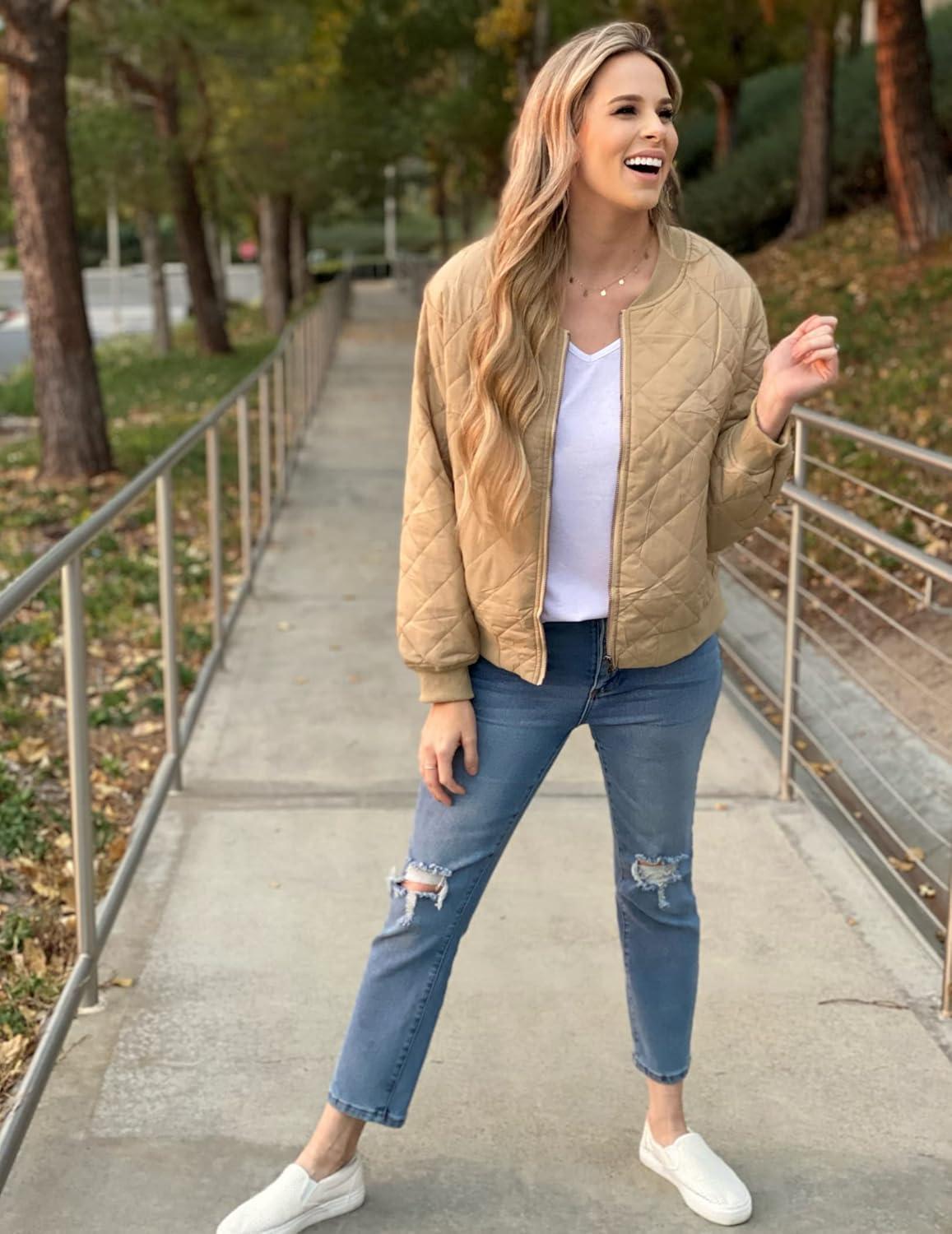 imageZeagoo Womens Bomber Jacket Casual Coat Zip Up Spring Fall Clothes with Pockets SXXLZkhaki