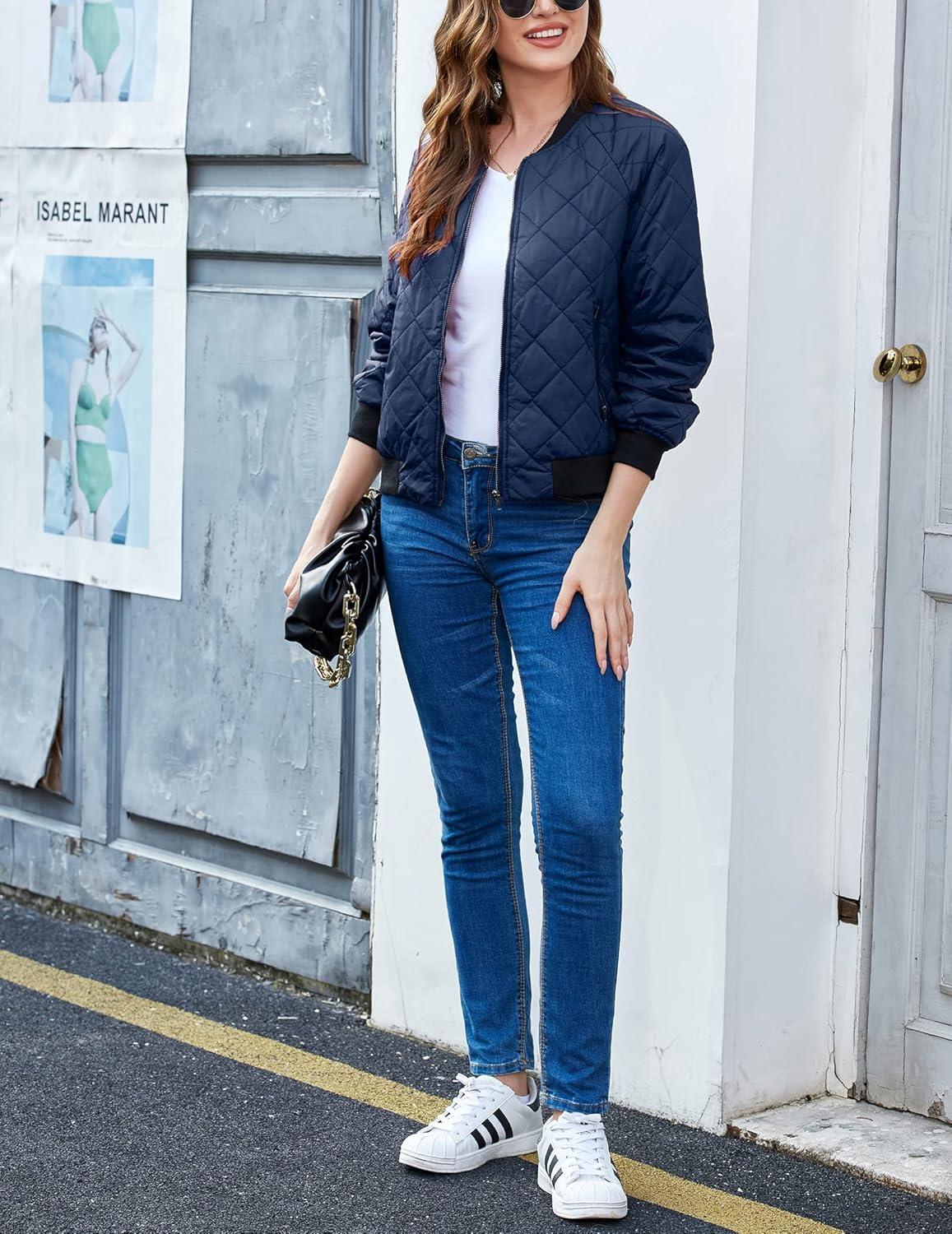 imageZeagoo Womens Bomber Jacket Casual Coat Zip Up Spring Fall Clothes with Pockets SXXLZnavy Blue