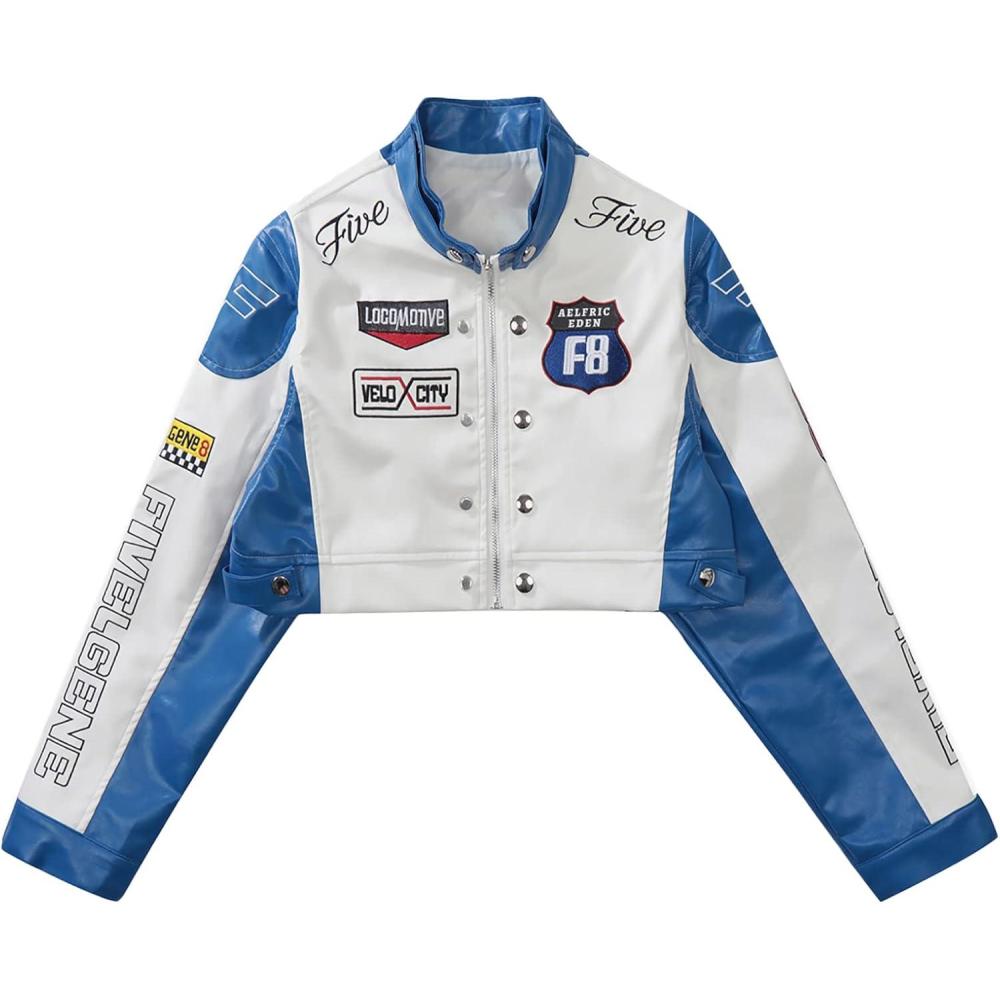 imageAelfric Eden Cropped Leather Jacket Women PU Crop Moto Biker Racing Trendy Fashion Casual CoatsBlue