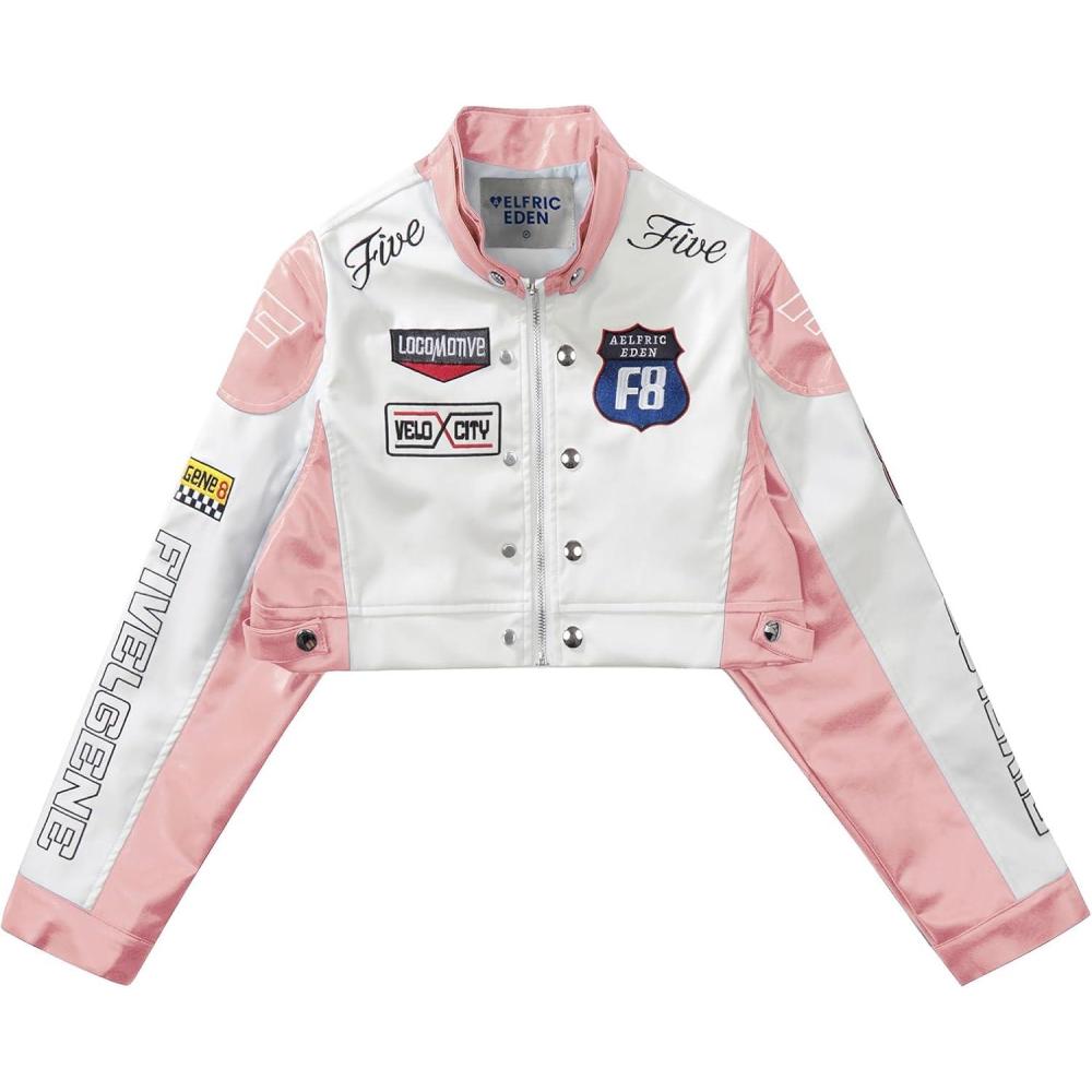 imageAelfric Eden Cropped Leather Jacket Women PU Crop Moto Biker Racing Trendy Fashion Casual CoatsPink