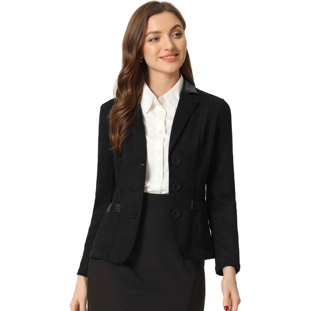 imageAllegra K Faux Suede Blazer for Women Lapel Collar Button Front Long Sleeve Jacket Casual Office WearBlack