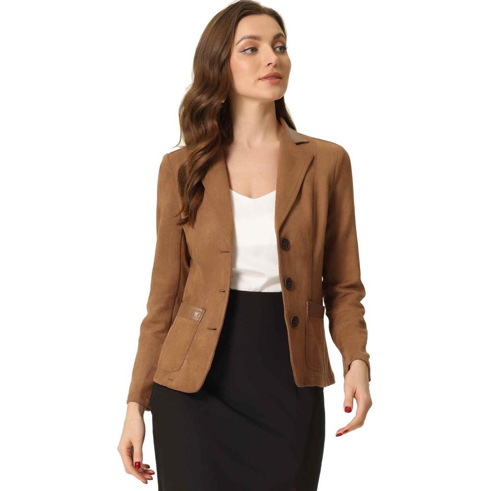 imageAllegra K Faux Suede Blazer for Women Lapel Collar Button Front Long Sleeve Jacket Casual Office WearLight Brown