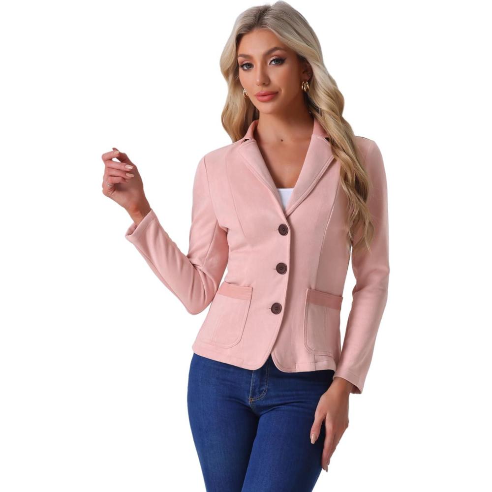imageAllegra K Faux Suede Blazer for Women Lapel Collar Button Front Long Sleeve Jacket Casual Office WearPink