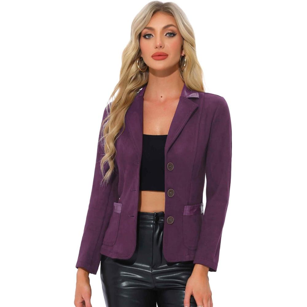 imageAllegra K Faux Suede Blazer for Women Lapel Collar Button Front Long Sleeve Jacket Casual Office WearPurple