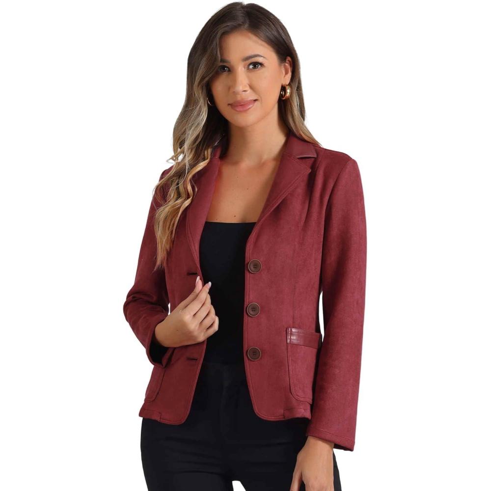 imageAllegra K Faux Suede Blazer for Women Lapel Collar Button Front Long Sleeve Jacket Casual Office WearReddish Brown