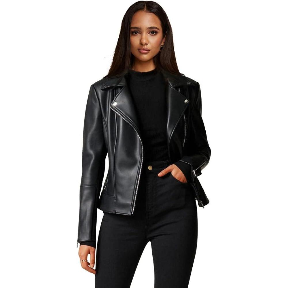 imageAthlemo Womens Faux Leather Motorcycle Jackets Classical Black PU Slim Short Biker CoatsBlack
