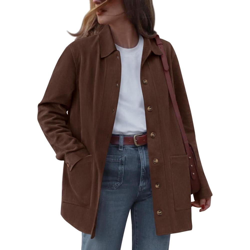 imageBTFBM Faux Suede Jacket Women Fall Fashion 2026 Leather Jackets Long Sleeve Button Down Winter Coats Shackets OuterwearCoffee