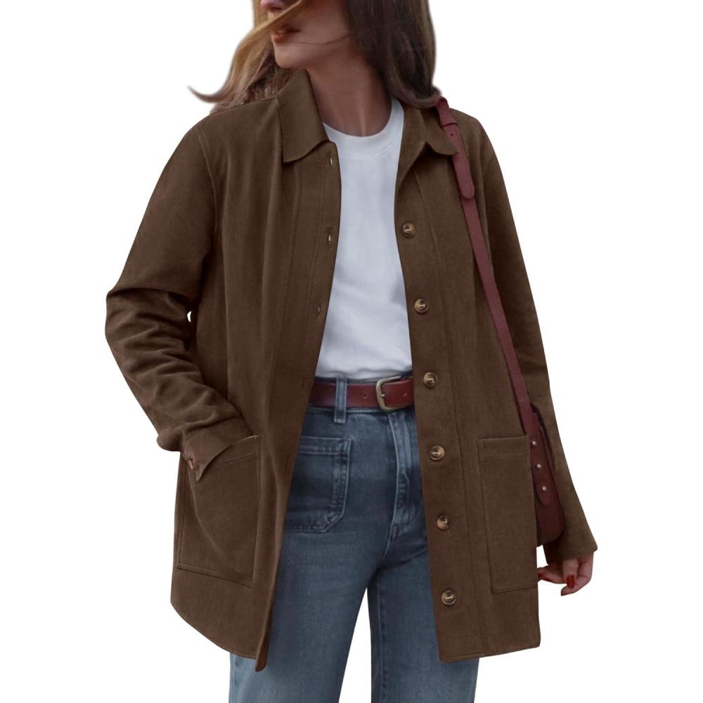 imageBTFBM Faux Suede Jacket Women Fall Fashion 2026 Leather Jackets Long Sleeve Button Down Winter Coats Shackets OuterwearDark Brown