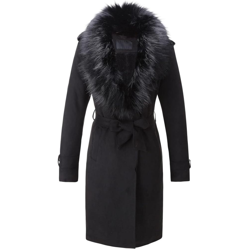 imageBellivera Women Faux Leather Trench Coat FleeceLined Midlength Jacket with Detachable Fur CollarBlack