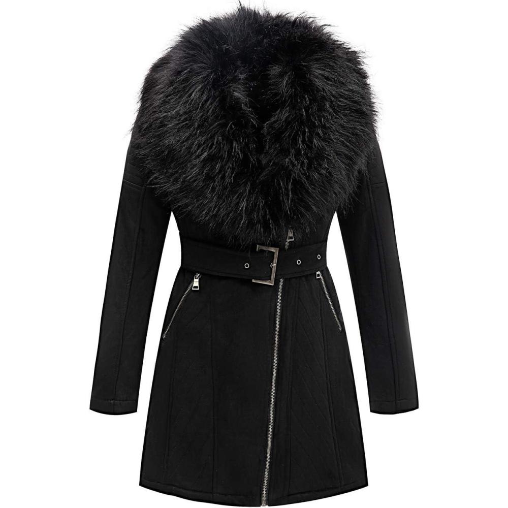 imageBellivera Women Faux Leather Trench Coat FleeceLined Midlength Jacket with Detachable Fur CollarBlack Tops