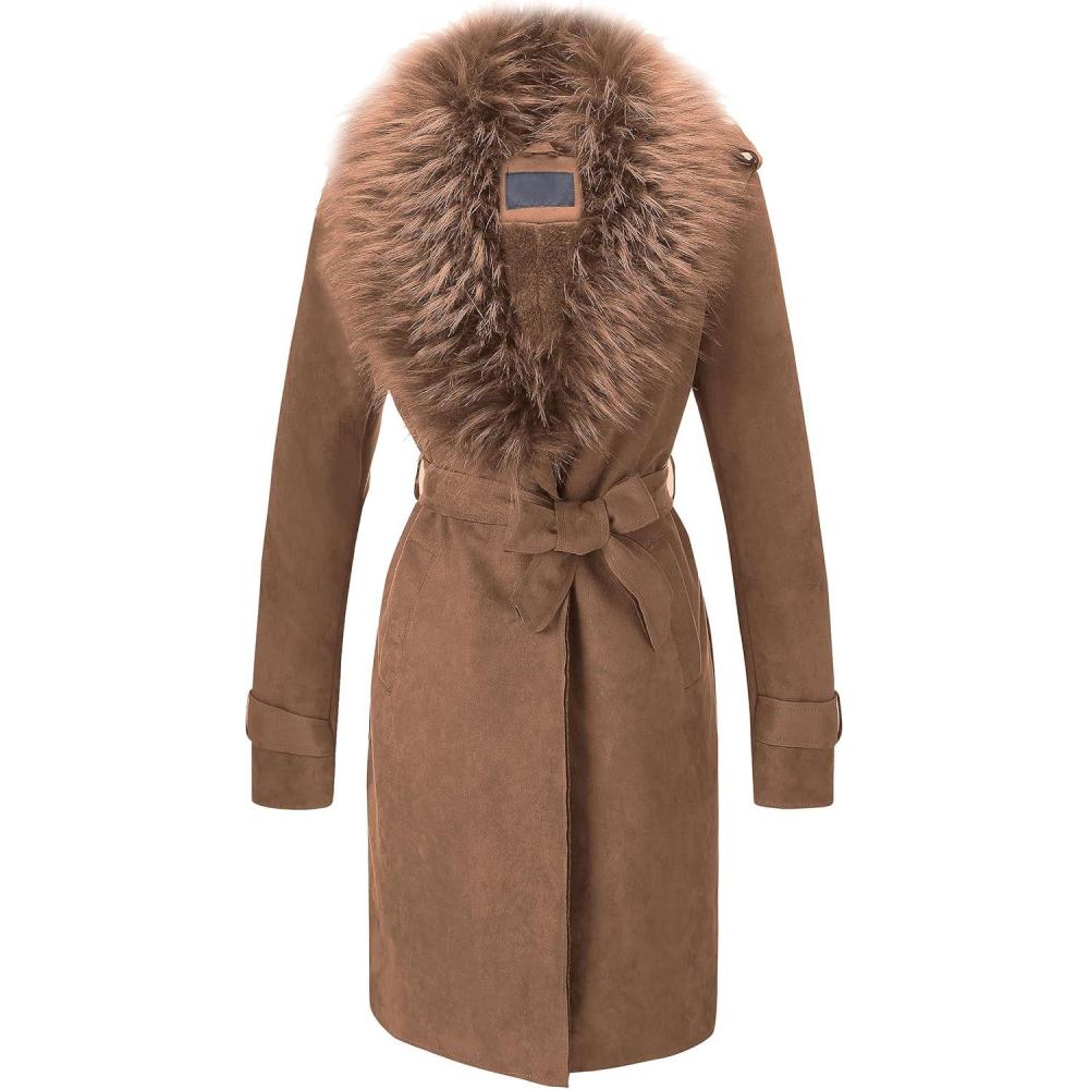 imageBellivera Women Faux Leather Trench Coat FleeceLined Midlength Jacket with Detachable Fur CollarBrown
