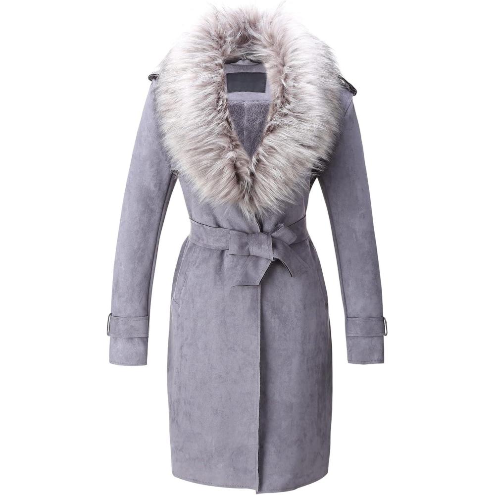 imageBellivera Women Faux Leather Trench Coat FleeceLined Midlength Jacket with Detachable Fur CollarGrey