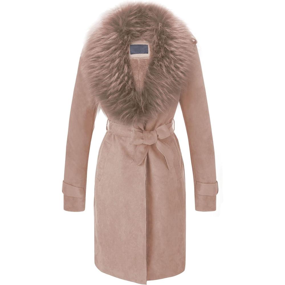 imageBellivera Women Faux Leather Trench Coat FleeceLined Midlength Jacket with Detachable Fur CollarLight Brown